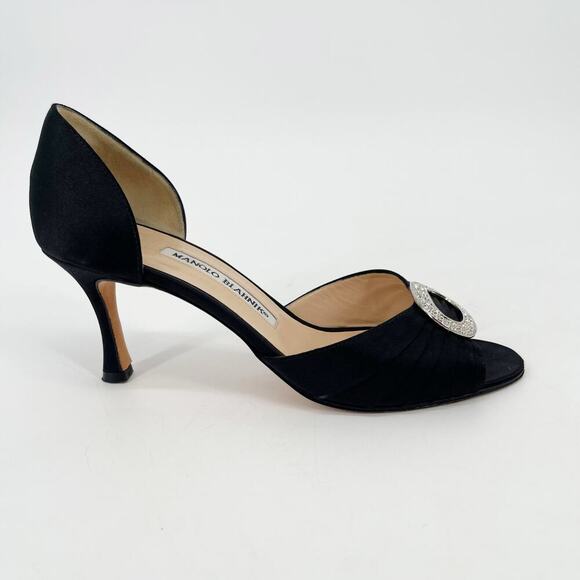 Manolo Blahnik y2k Black Satin Sedaraby Crystal D’Orsay Peep Toe Heels IT 37 - Picture 2 of 10